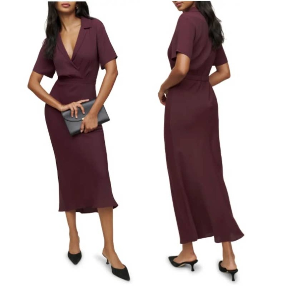 NWT Reformation Danika Midi Dress Women's Size S Prune Plunge V Neck Notch Lapel
